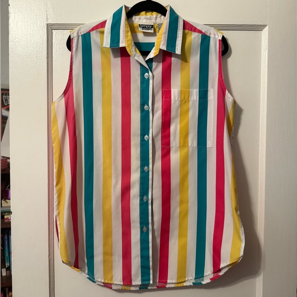 Vintage Simply Basic Sleeveless Button-Up Stripe Shirt, Size L